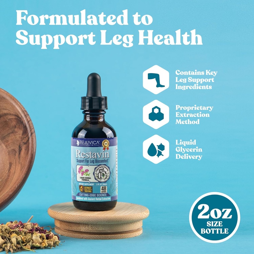 Restavin - Supplément avancé de soutien des jambes - Livraison liquide pour une meilleure absorption - Vitamine C, Fer, Valérien, Turmeric, Magnésium et plus!