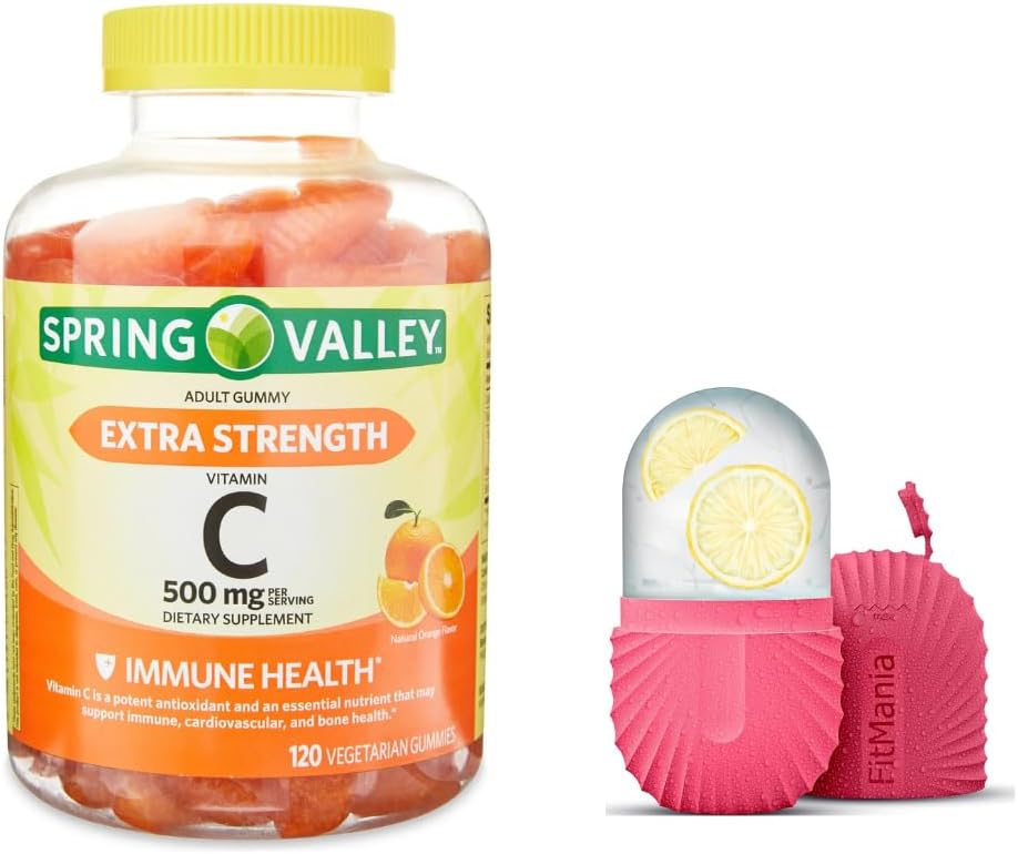 Spring Valley Extra Strength Vitamine C Supplément alimentaire Gommies végétariennes, orange, 500 mg, 120 Ct et rouleau de glace cadeau pour le visage