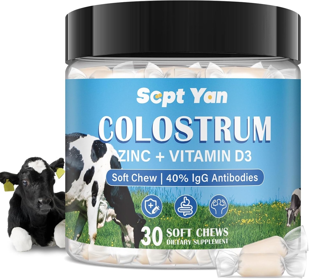 Coostrum Soft Chew Supplément (3000mg + 40% d'IgG), Bovin concentré Colostrum Superfood Plus Vitamine D3 & Zine pour la santé de Gut, Immune Support, Récupération musculaire et bien-être, Grass Fed, 30 Chews