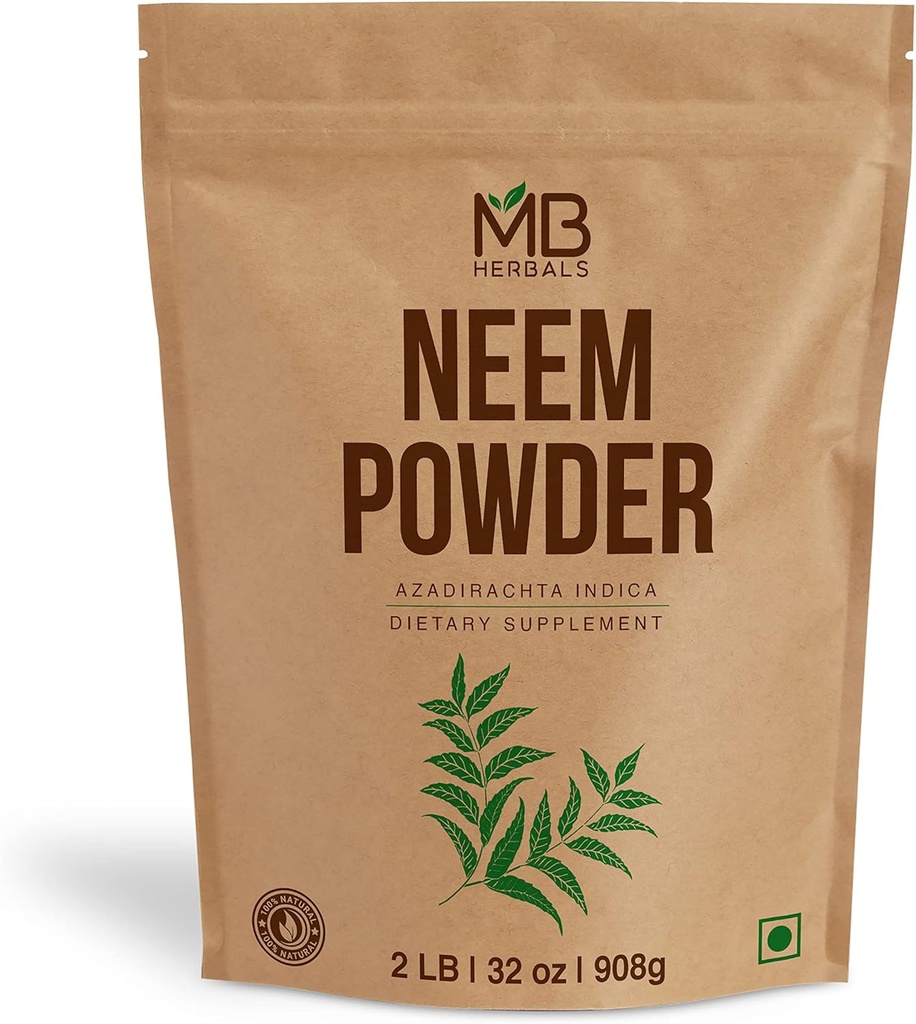MB Herbals Pure Neem Powder 2 lb | 32 oz | 908 Gram | 100% Pure Wild-Crafted Neem Leaf Powder | Very Bitter Neem Supplement for Skin Hair & Detox | Azadirachta Indica
