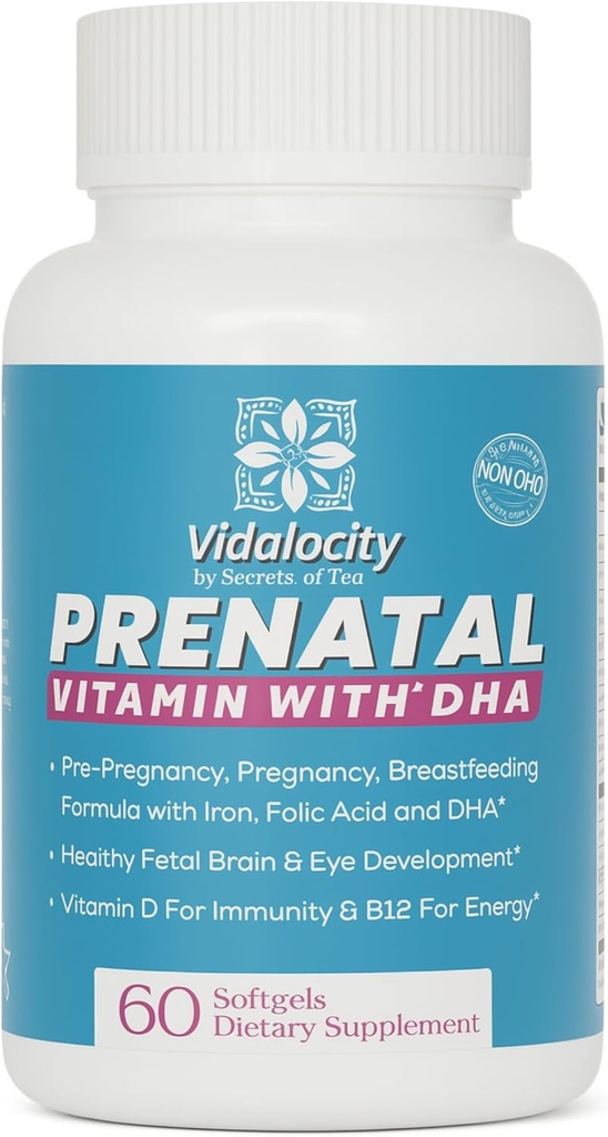 Vidalocity Vitamines prénatales pour femmes, Capsules multivitamines: Omega 3 Huile de poisson (EPA/DHA), Magnésium, Folate, Vitamine D3, C, Vitamine B12, B6, Vitamine A, K & Zinc, 60 Nombre (60 jours)