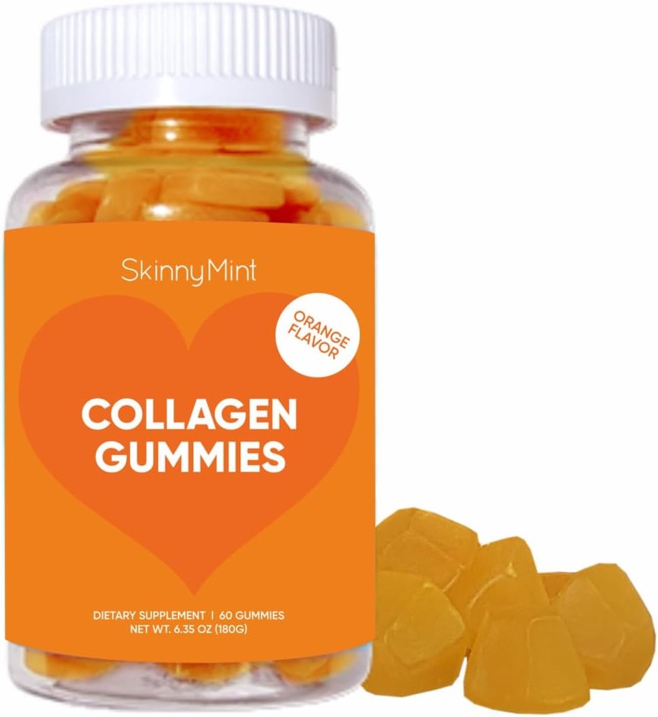 SkinnyMint Collagen Gummies Supplément pour une peau saine, ongles et soutien des cheveux, collagène sans gluten Gummies à croquer pour les hommes et les femmes, saveur naturelle orange -60 comte(180G)- 1 mois d'approvisionnement