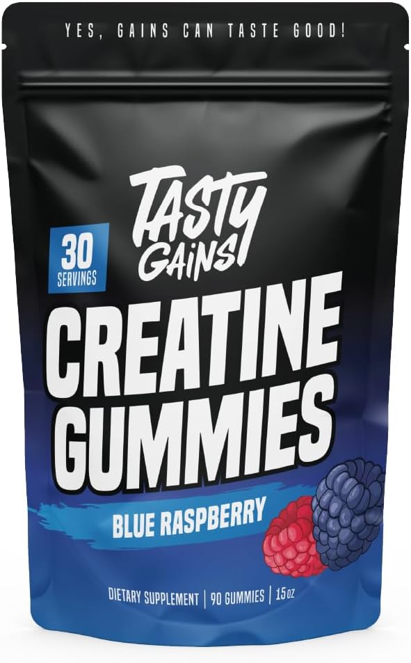 GAGNES TASTY Gommies créatine - 90g de monohydrate créatine - Suppléments d'entraînement - Bâtir la force musculaire et boost pour les hommes et les femmes - Fabriqué aux États-Unis - Non OGM - Vegan Friendly (Grande framboise bleue)