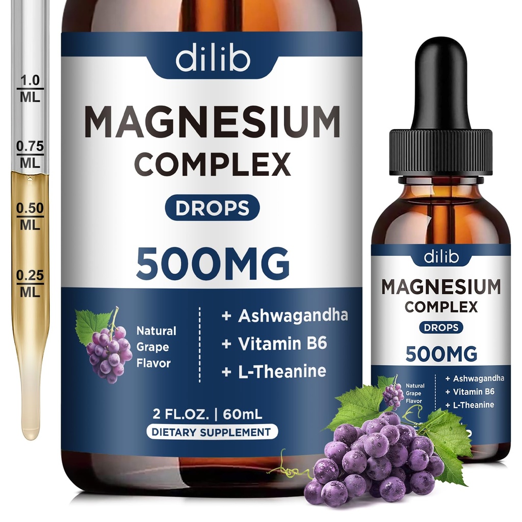 Glycinat de magnésium gouttes liquides, supplément de glycinat de magnésium 500mg avec citrate, malate, ashwagandha, L-théanine, vitamine B6 pour le sommeil, soulagement du stress, os, muscle, humeur, goût de raisin 2 Fl Oz