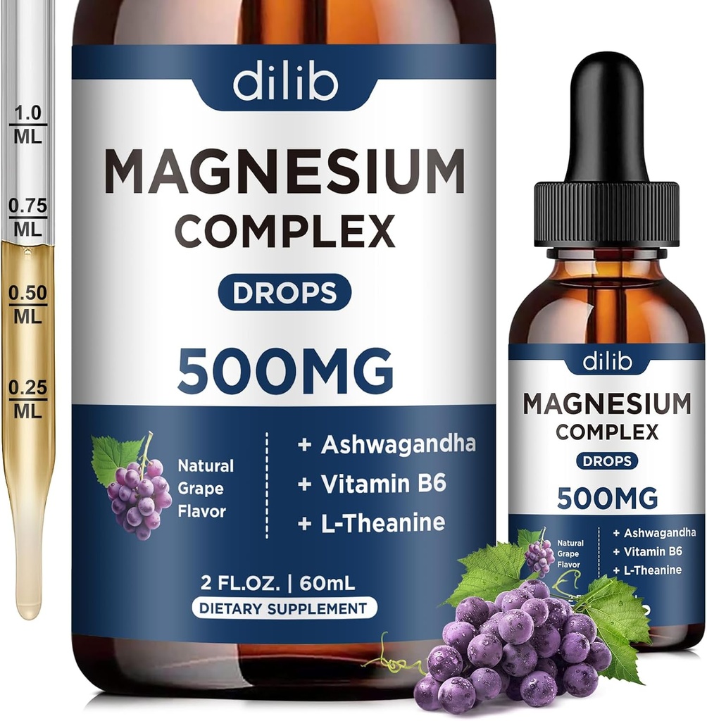 Glycinat de magnésium gouttes liquides, supplément de glycinat de magnésium 500mg avec citrate, malate, ashwagandha, L-théanine, vitamine B6 pour le sommeil, soulagement du stress, os, muscle, humeur, goût de raisin 2 Fl Oz