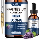 Glycinat de magnésium gouttes liquides, supplément de glycinat de magnésium 500mg avec citrate, malate, ashwagandha, L-théanine, vitamine B6 pour le sommeil, soulagement du stress, os, muscle, humeur, goût de raisin 2 Fl Oz
