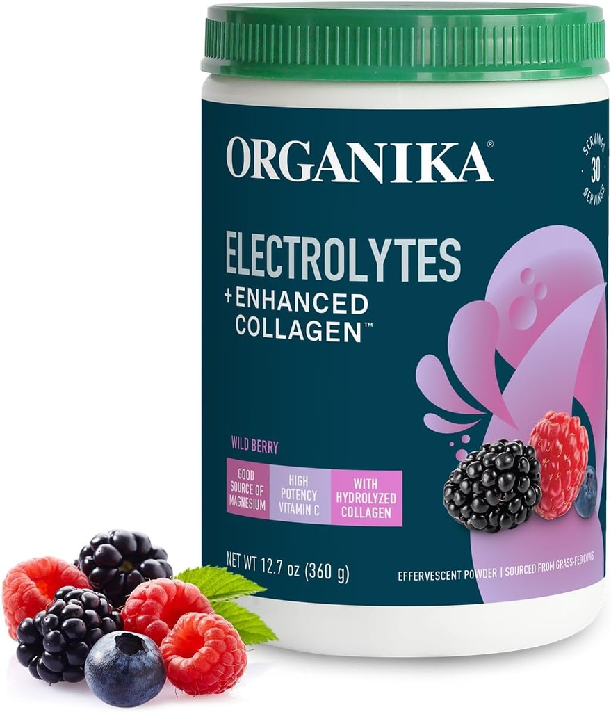 Organikа Electrolytes avec la poudre de collagène améliorée pour les femmes et les hommes - 13 oz - Mélange d'électrolyte effervescente et de collagène aromatisé sauvage - Hydratation profonde, mobilité, peau, cheveux et ongles