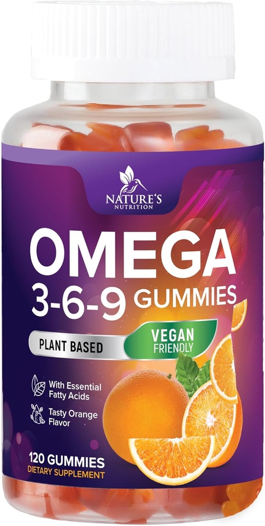 Omega 369 Gummies - Vegan Triple Omega 3 Supplément Gummy - Huile essentielle d'acides gras 3 6 9 Soutien cardiaque complexe et soutien du cerveau pour les femmes, les hommes et la grossesse, sans poisson non OGM, orange - 120 Gummies