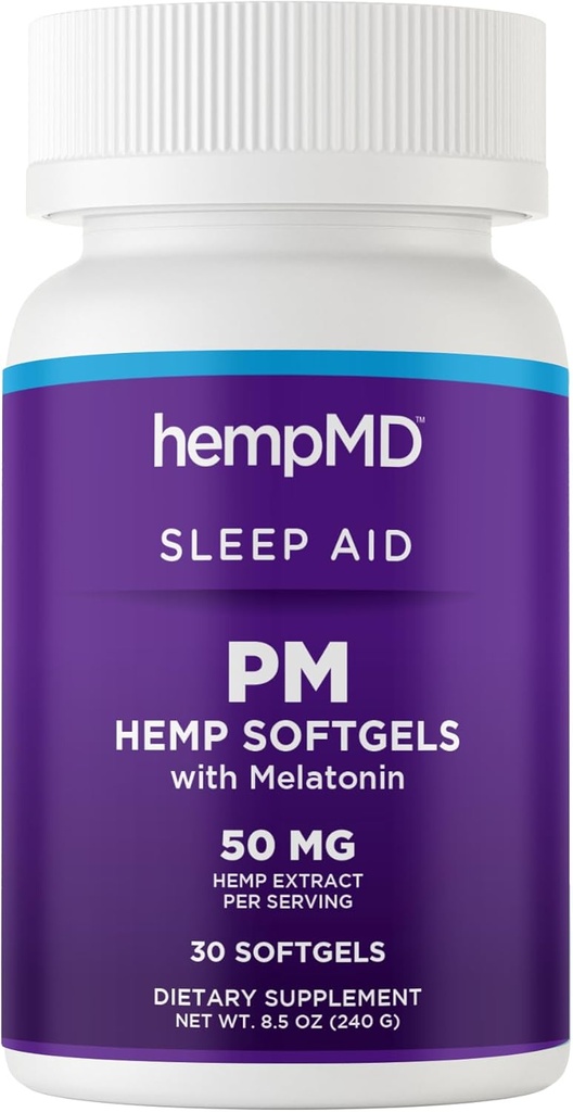 HempMD Hemp Melatonine aide au sommeil Softgels - 100% naturel rapide huile d'action - Vegan Non OGM sans gluten - formule améliorée pour le sommeil profond avec mélange relaxant d'herbes naturelles