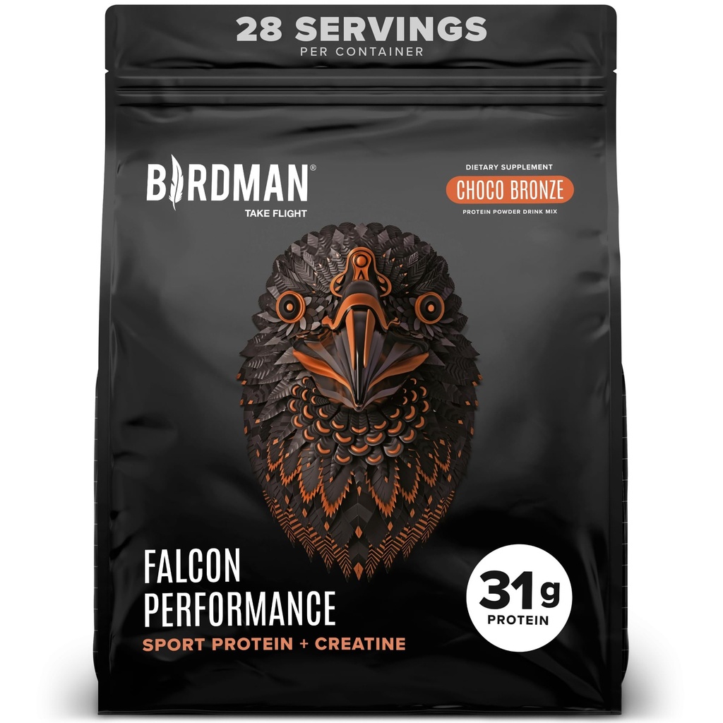 Birdman Falcon Performance Poudre de protéines végétaliennes, 31g Protéines, 5g de créatine, 5g BCAA, Probiotiques, Electrolytes, Préentraînement, Faible Carb, Sans sucre et Sans lait, Protéines de chocolat à base de plantes, 28 portions
