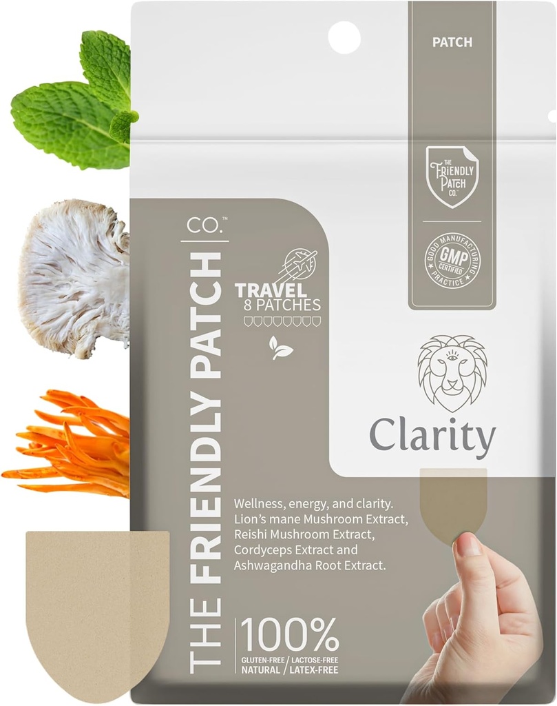 The Friendly Patch – Patchs de Champignons Clarity avec Lion, Reishi, Cordyceps & Ashwagandha – Nootropic Energy, Memory, Focus pour les femmes et les hommes 8 Pack