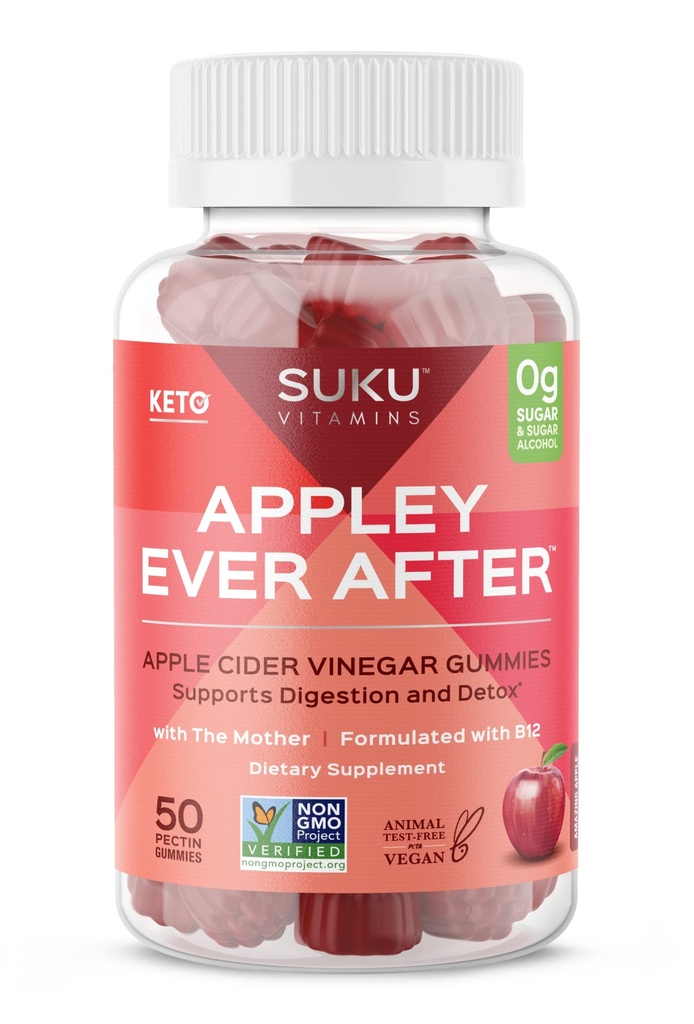 SUKU Appley Ever After Gummies – vinaigre de cidre de pomme avec B12 méthylé & Folate – sans sucre, sans gluten, detox végétalien & support énergétique – Amazing Apple Flavor – 50 comte
