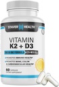 Vitamine K2 D3 w/Calcium et biopérine, Vitamine K2 (MK7) avec supplément D3 Non-OGM, Vitamine D3, Vitamine K2 MK-7 Complexe Vitamine D & K facile à avaler, 60 Capsules