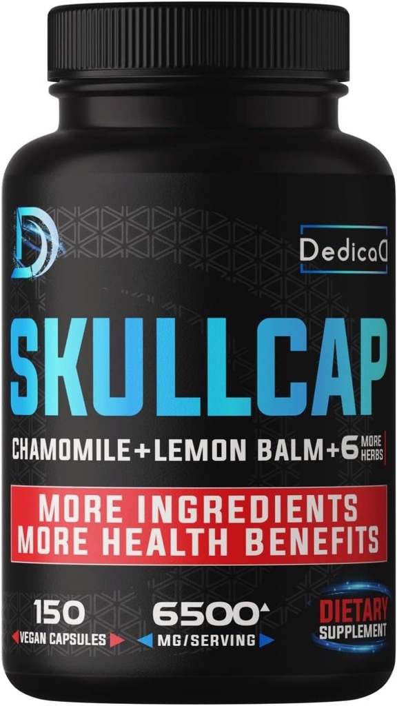 Supplément à base de plantes 9in1 Skullcap 5 mois pour la santé Sommeil, Mood & Immune - 6500mg Concentré avec Camomille, Baume de citron, Fleur de Passion, Ashwagandha & plus, Non-OGM, Sans gluten, 150 Capsules Vegan