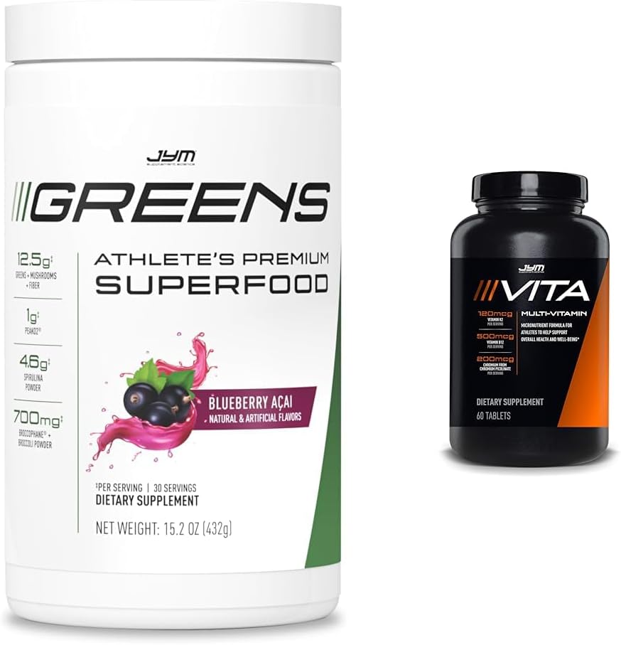 JYM Greens Super Food Blueberry Acai Poudre avec Spiruline et Vita JYM Multivitamine pour athlètes 60 comprimés