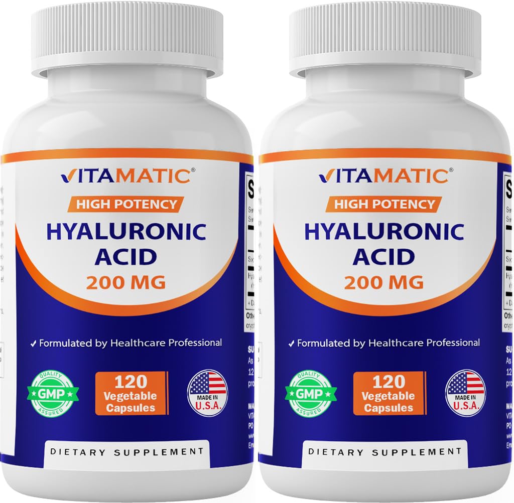 Vitamatic 2 Pack Suppléments à l'acide hyaluronique 200mg - Soutient des tissus conjonctifs et des articulations sains - Promouvoir la peau saine jeune - Total 240 Capsules