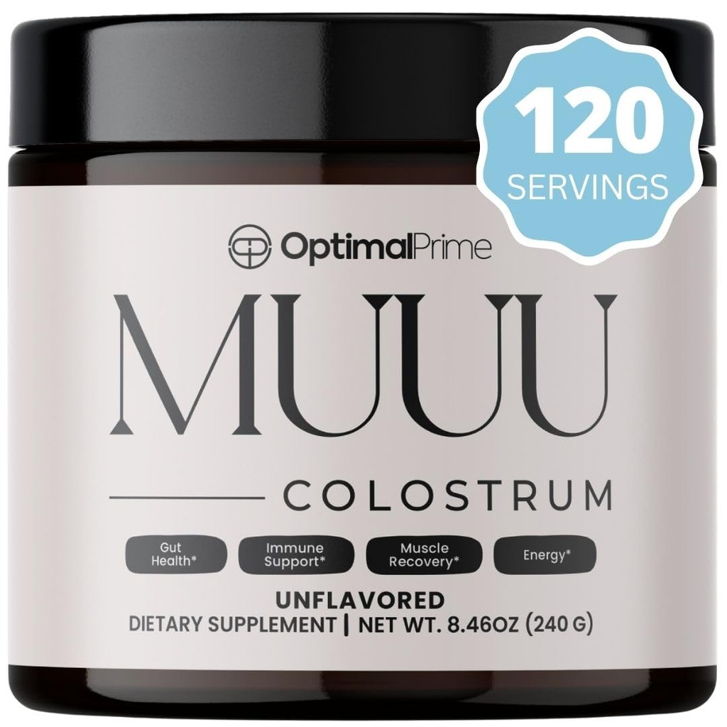 Prime optimale - Supplément de colostrum bovin de UUU et poudre super-alimentaire pour la santé de Gut, Bloating, Immune Support, cheveux, peau et ongles non aromatisés, 120 portions