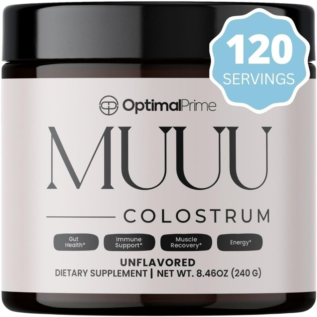 Prime optimale - Supplément de colostrum bovin de UUU et poudre super-alimentaire pour la santé de Gut, Bloating, Immune Support, cheveux, peau et ongles non aromatisés, 120 portions