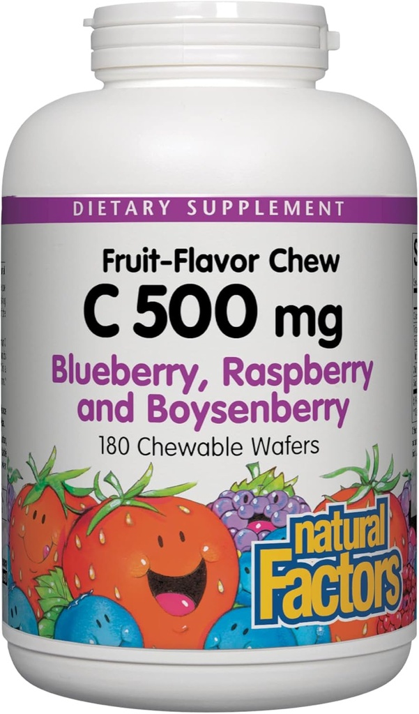 Facteurs naturels, enfants Vitamine à croquer C 500 mg, soutient la santé immunitaire, les os, les dents et les gencives, bleuets, framboises et boysenberry, 180 Nombre (paquet de 1)
