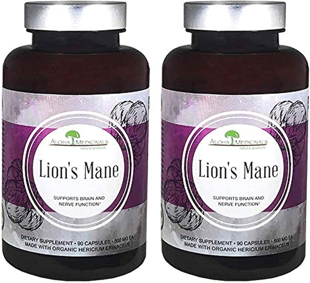 Aloha Medicinals Lion’s Mane, Certified Organic Mushroom Supplement, Pack of 2, 90 Capsules Each