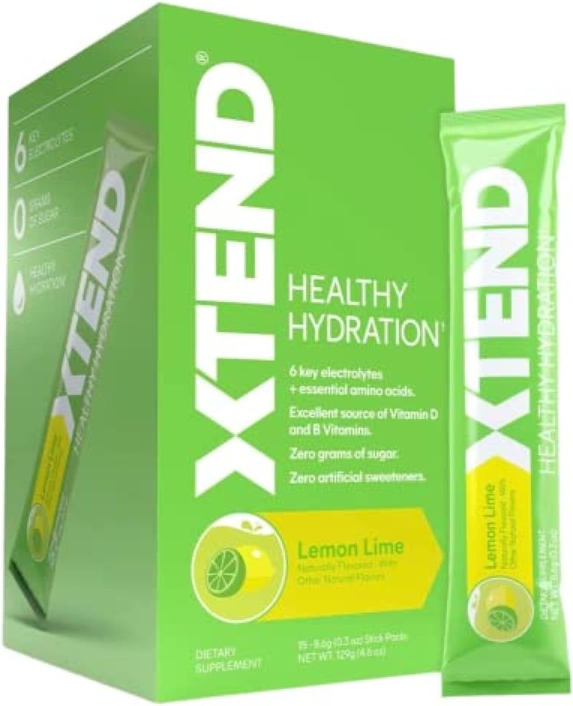 Xtend XTEND Hydratation saine Citron Lime de Zéro Sucre Superior Hydratation Powder Packets de 6 électrolytes clés Mélange de boissons à base d'acides aminés essentiels Certifié NSF pour le sport