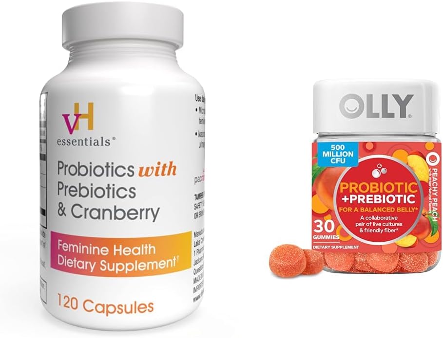 vH essential Probiotiques avec Prébiotiques et Cranberry Féminine Health Capsules Bundle avec OLLY Probiotique + Prébiotique Gummy Digestion et Gut Santé Supplément à croquer