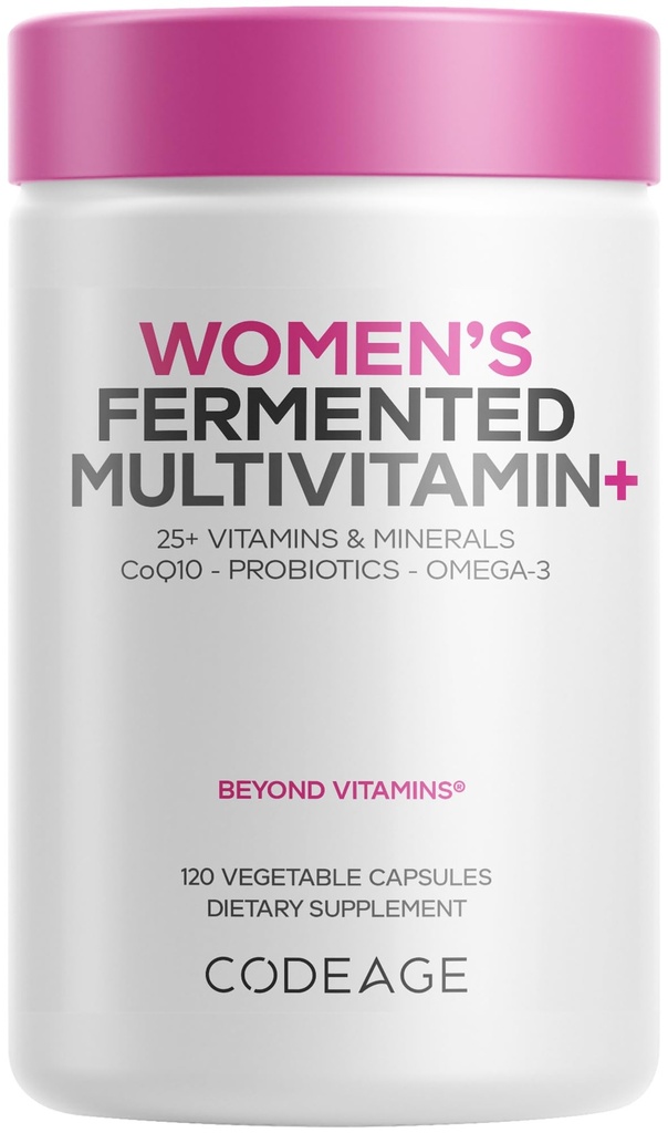 Multivitamines quotidiennes, 25+ vitamines et minéraux, fermentés, aliments entiers organiques, suppléments probiotiques - Vitamine A, B, C, D, E & K, Omega 3, Zinc – végétalien - 120 capsules