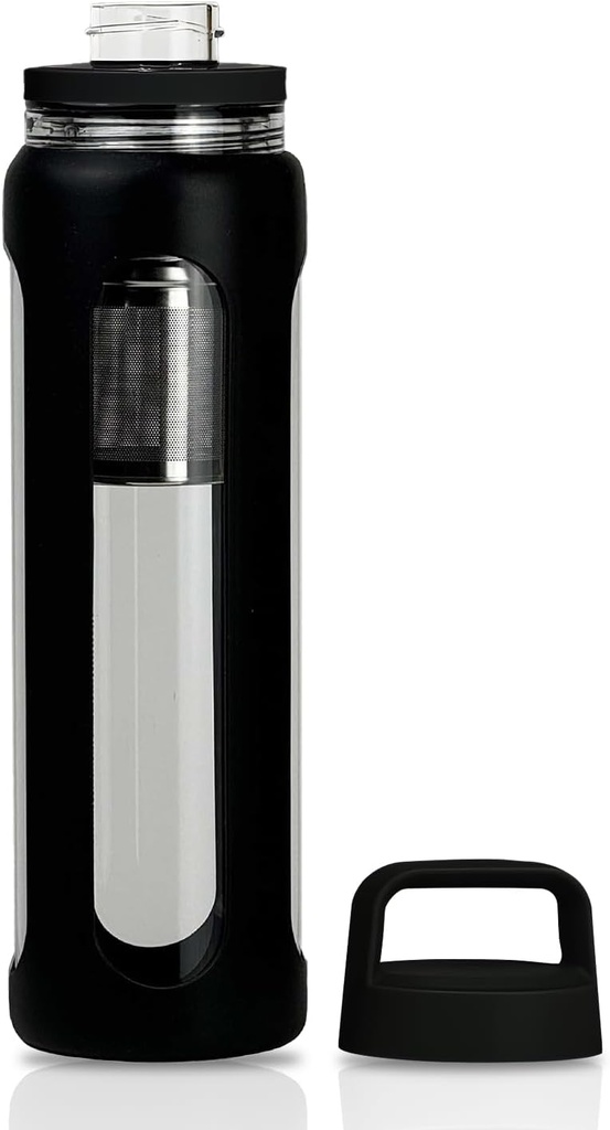 Bouteille d'eau en verre de 20 oz avec manche en silicone, 600ml Mug avec 2 niveaux de limace (Bouteille à la bouche et à la bouche) avec bouteille de thé - Gym Yoga Activités de plein air (Noir)