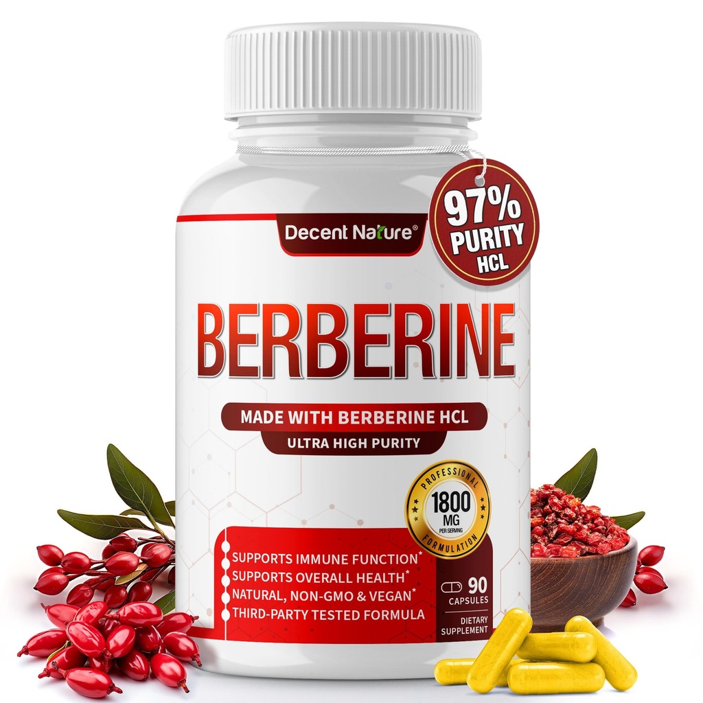Supplément Berberine 1800mg - Premium Berberine HCl 97% haute pureté, soutient le système immunitaire, le chlorhydrate de haute puissance et l'extrait, active AMPK & GLP-1, non-OGM végétalien, pour hommes femme 90 capsules