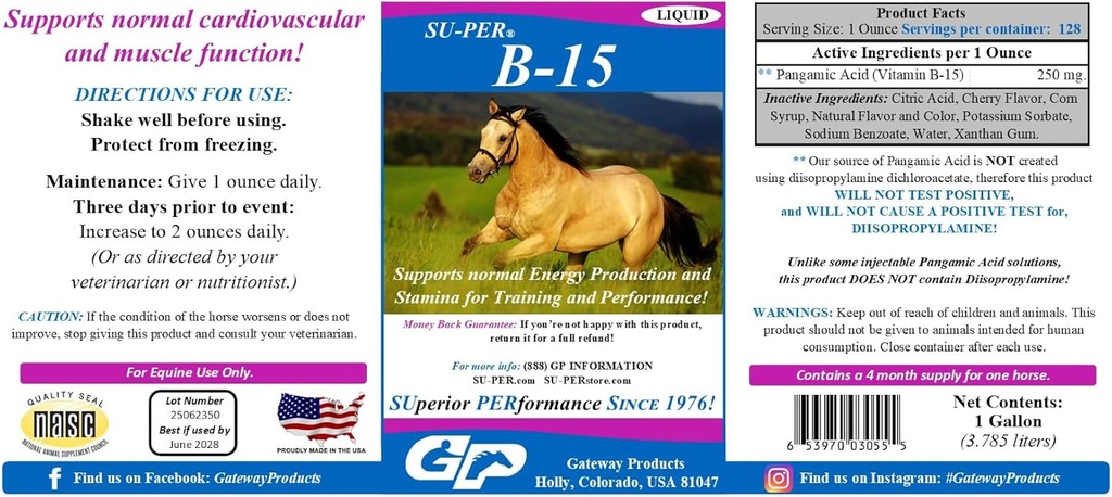 SUPER B-15 Supplément de vitamine pour chevaux - Vitamine Hippique B-15 Liquide pour le soutien du rendement - Soutienne la fonction immunitaire et musculaire cardiovasculaire normale - 1 Gallon, 4 mois d'approvisionnement (120 jours)
