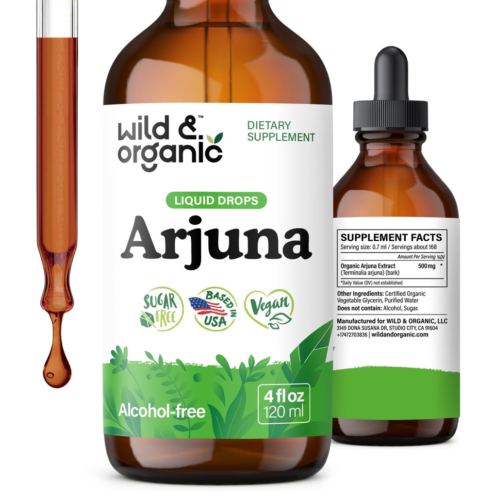 Teinture d'écorce d'Arjuna sauvage et biologique - Supplément général de bien-être - gouttes liquides sans alcool - Extrait d'écorce d'Arjuna de Terminalia - Pas de sucre et additifs, non-OGM - 4 fl oz