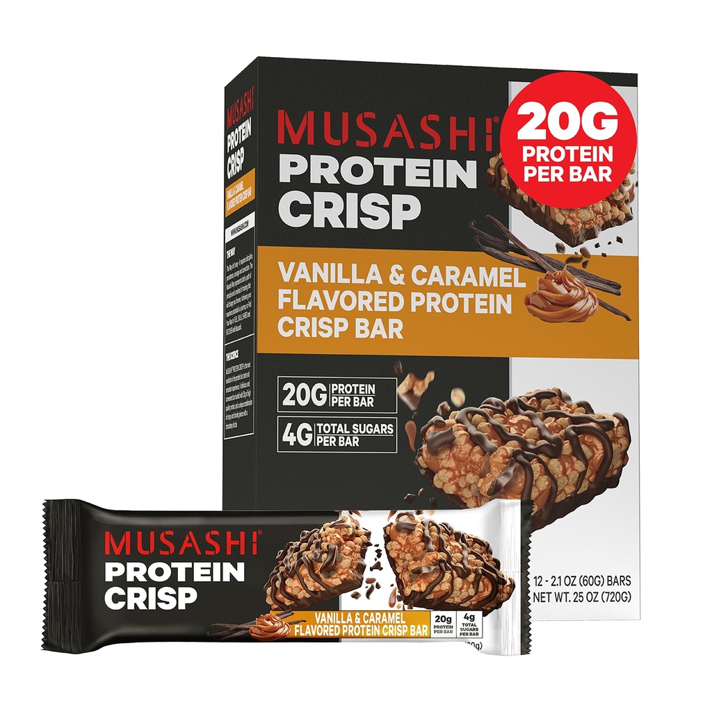 MUSASHI Protein Crisp Bar, 20g Protein, 4g Total sucres, vanille et caramel, post entraînement et snack sur le go, 12 pack de 2,1 oz (60g) barres