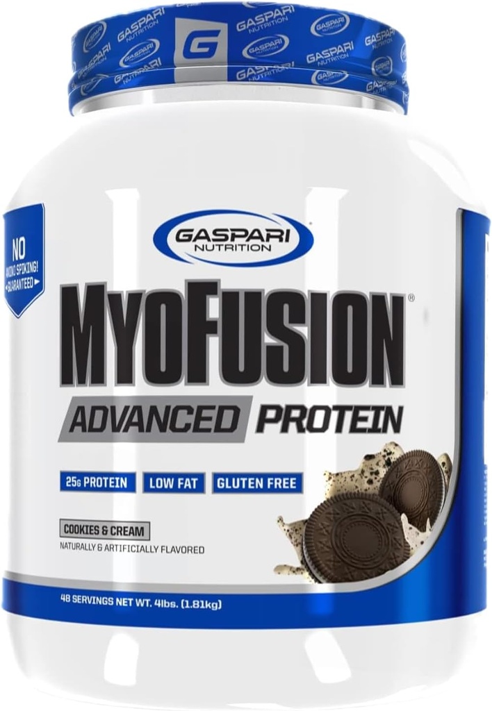 Gaspari Nutrition Myofusion Protéines avancées, mélange de protéines avec protéines de lactosérum, protéines de caséine et protéines isolées, faibles graisses et sans gluten (Cookies et crème, 4 livres)