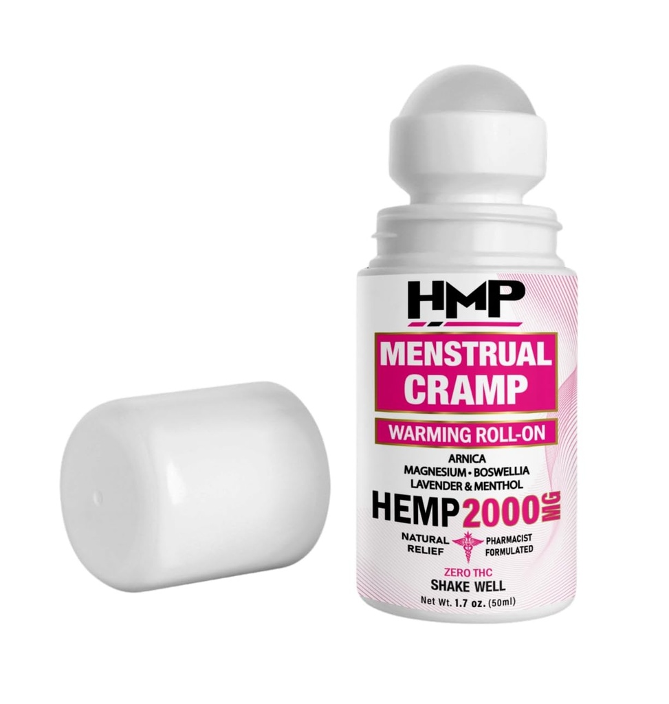 Menstrual Cramp Hemp Warming ROLL-ON 2000MG w Arnica & Menthol Made in USA Natural Formula 1.7oz