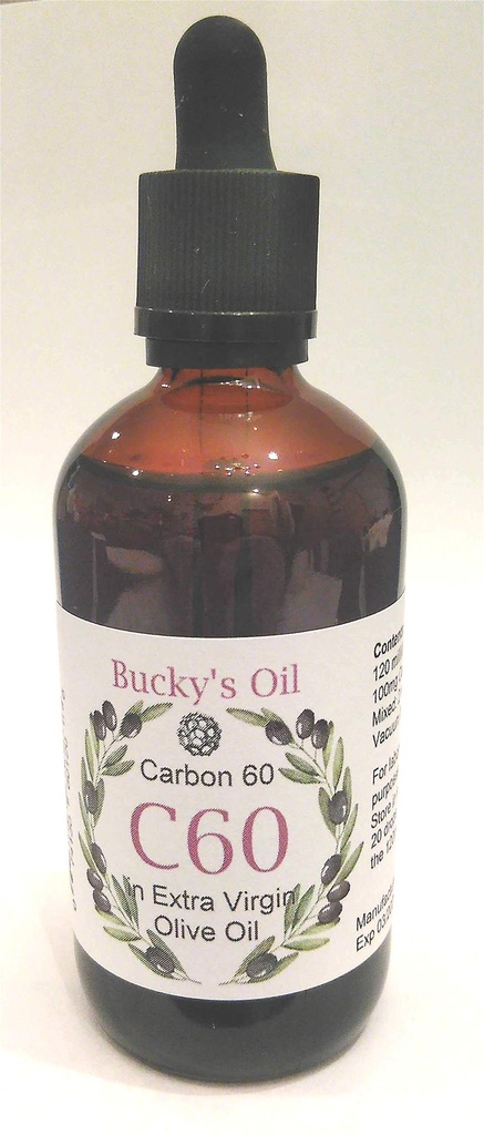 C60 - 120ml Extra huile d'olive vierge avec 100mg de carbone 60 99,95% en solution.