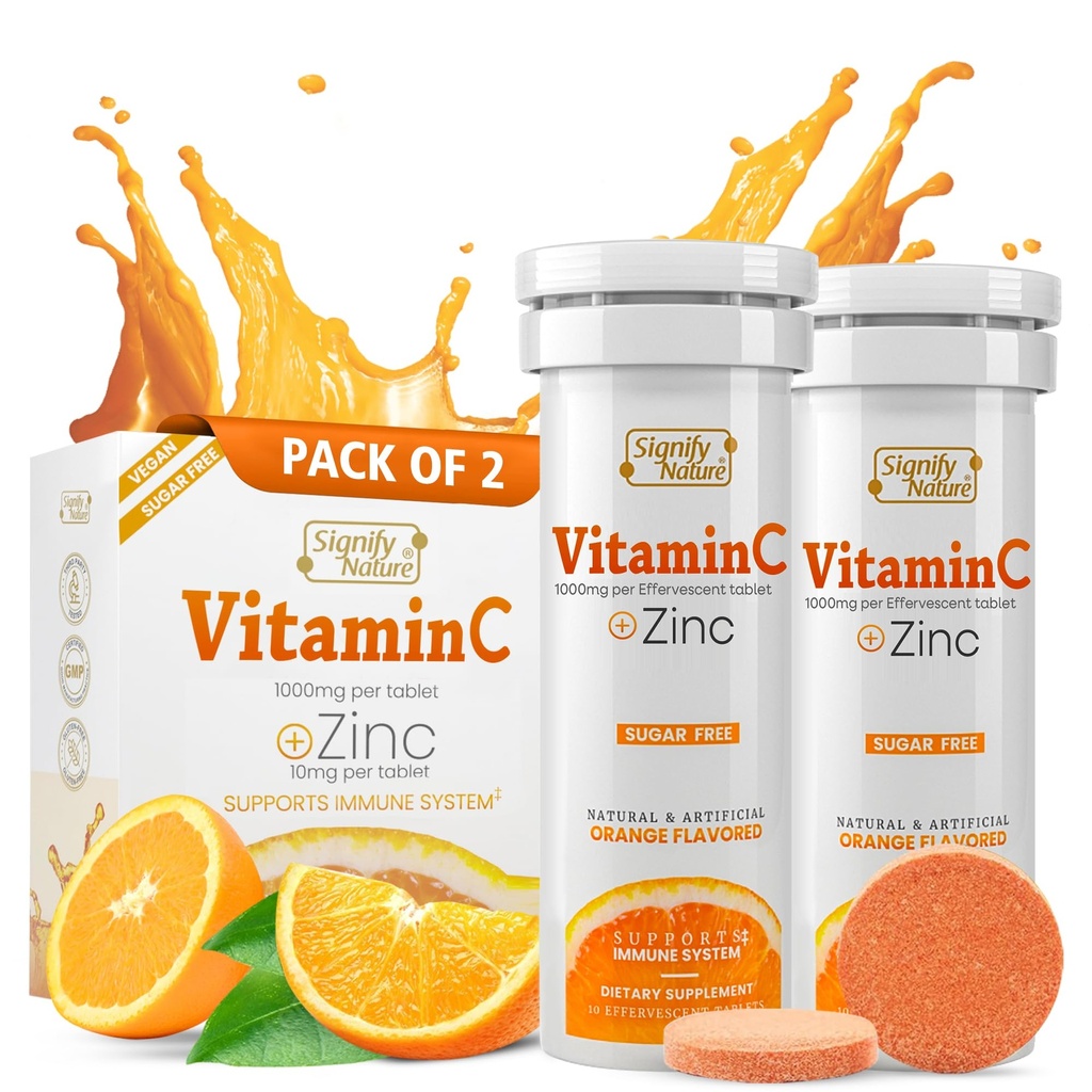SIGNIFY NATURE Vitamine C 1000mg Comprimés effervescents - Potent Immune Support VIT C avec supplément de zinc - sans sucre et formule végétalienne