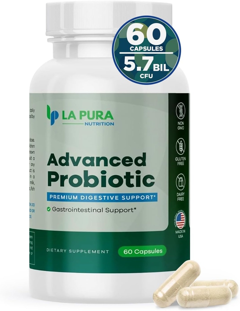 LaPura Advanced Probiotic - Premium Digestive Support for Gut & Immune Health, 60 Capsules - 5,75 Million CFU Probiotics Y compris la souche DE111 (Bacillus subtilis) - Non-OGM, sans gluten, fabriqué aux États-Unis