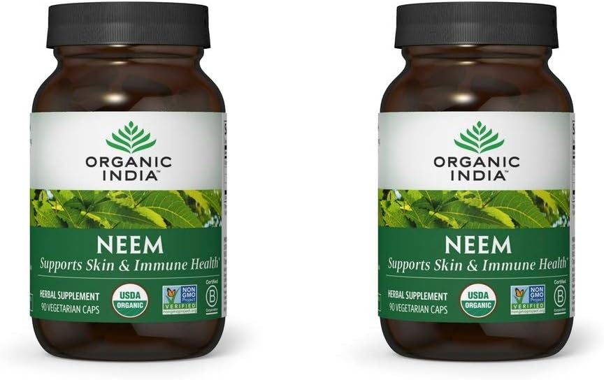 ORGANIQUE INDIA Neem Leaf Capsules, supplément à base de plantes - soutient la peau, l'immuno-sanitaire et la santé du foie, detox, végétalien, sans gluten, certifié USDA biologique - 90 capsules (2-pack)