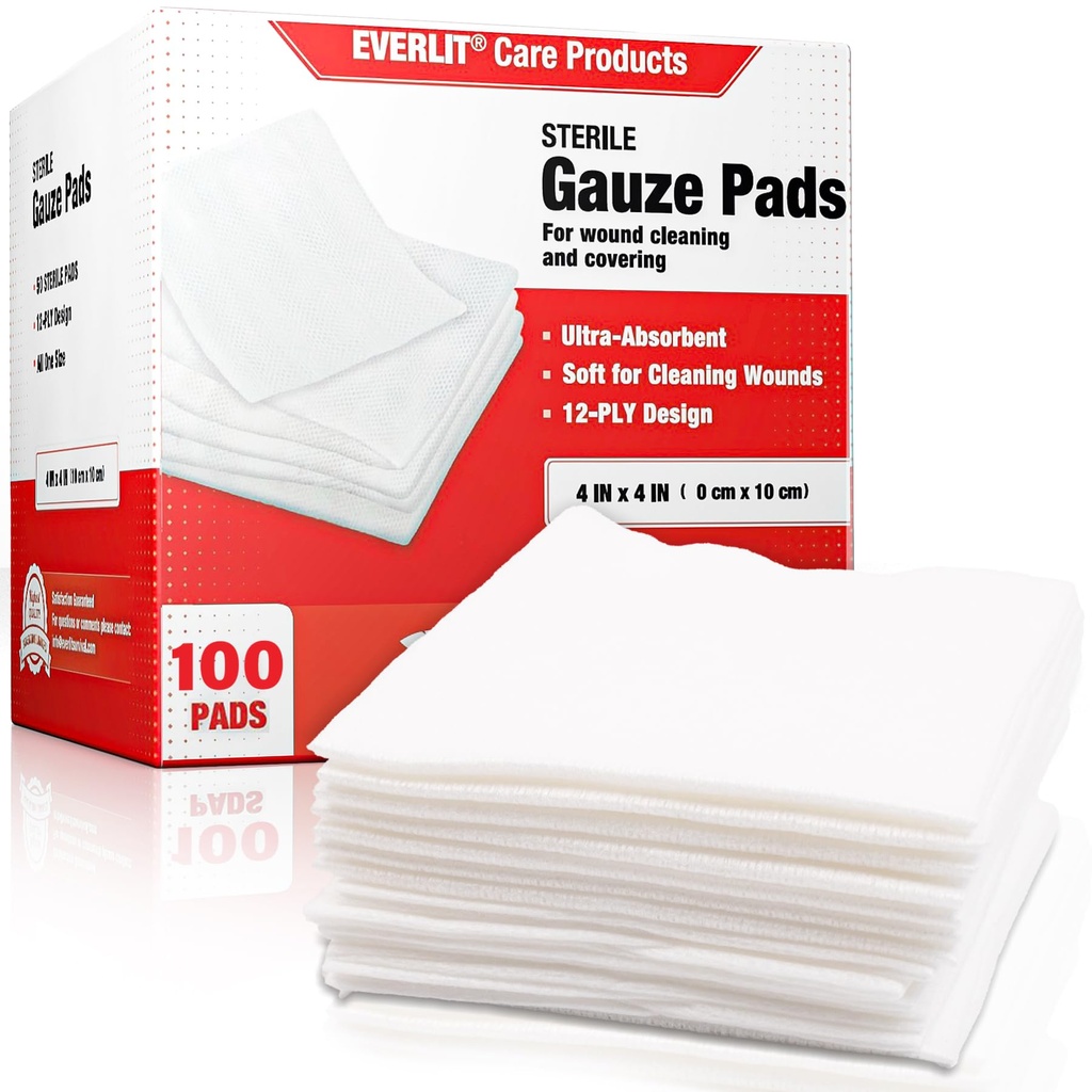 EVERLIT [Extra-Thick] 4'x4'' Sterile Gauze Pad 12-Ply, 100 Pack, Enveloppé individuel, Ultra Absorbant Grandes éponges non tissées pour soins médicaux à domicile