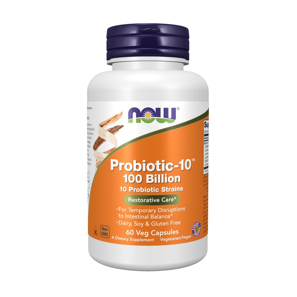 MAINTENANT compléments alimentaires, Probiotic-10TM, 100 milliards, avec 10 souches probiotiques, lait, soja et sans gluten, souche vérifiée, 60 gélules