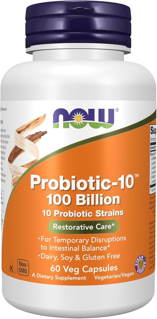 NOW Foods Supplements, Probiotic-10™, 100 Billion, with 10 Probiotic Strains,Dairy, Soy and Gluten Free, Strain Verified, 60 Veg Capsules