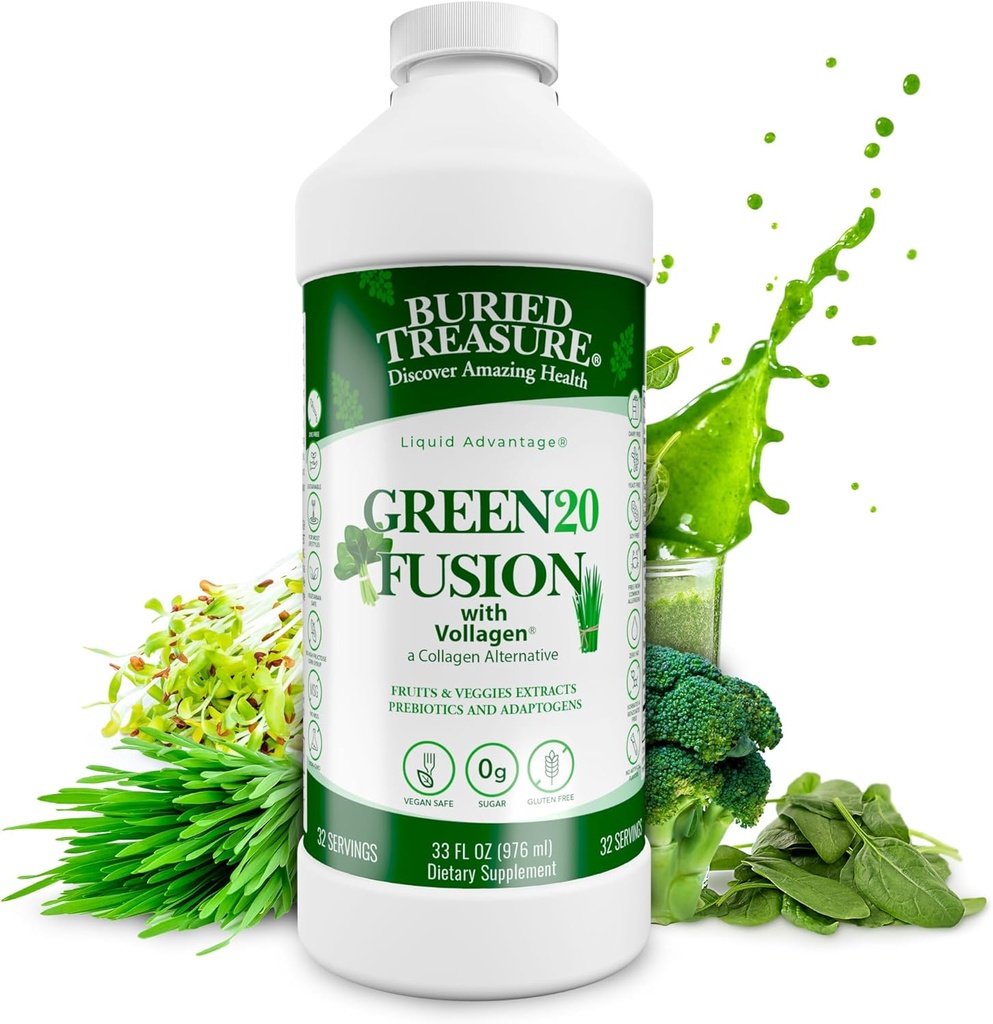 Enseveli Treasure Green20 Fusion – Superfood Blend avec Vollagen pour la peau, les cheveux et le soutien articulaire, végétalien, sans OGM sans gluten, sans lait, sans soja, 32oz liquide