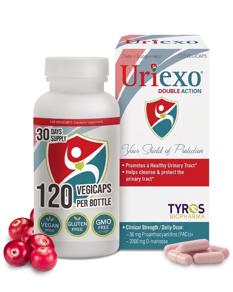 Uriexo Capsules Double Action, Pilule de canneberge pour les femmes et les hommes Supplément, Nettoyez et protégez le tract urinaire soutient le bien-être et la confiance - 30 jours d'approvisionnement