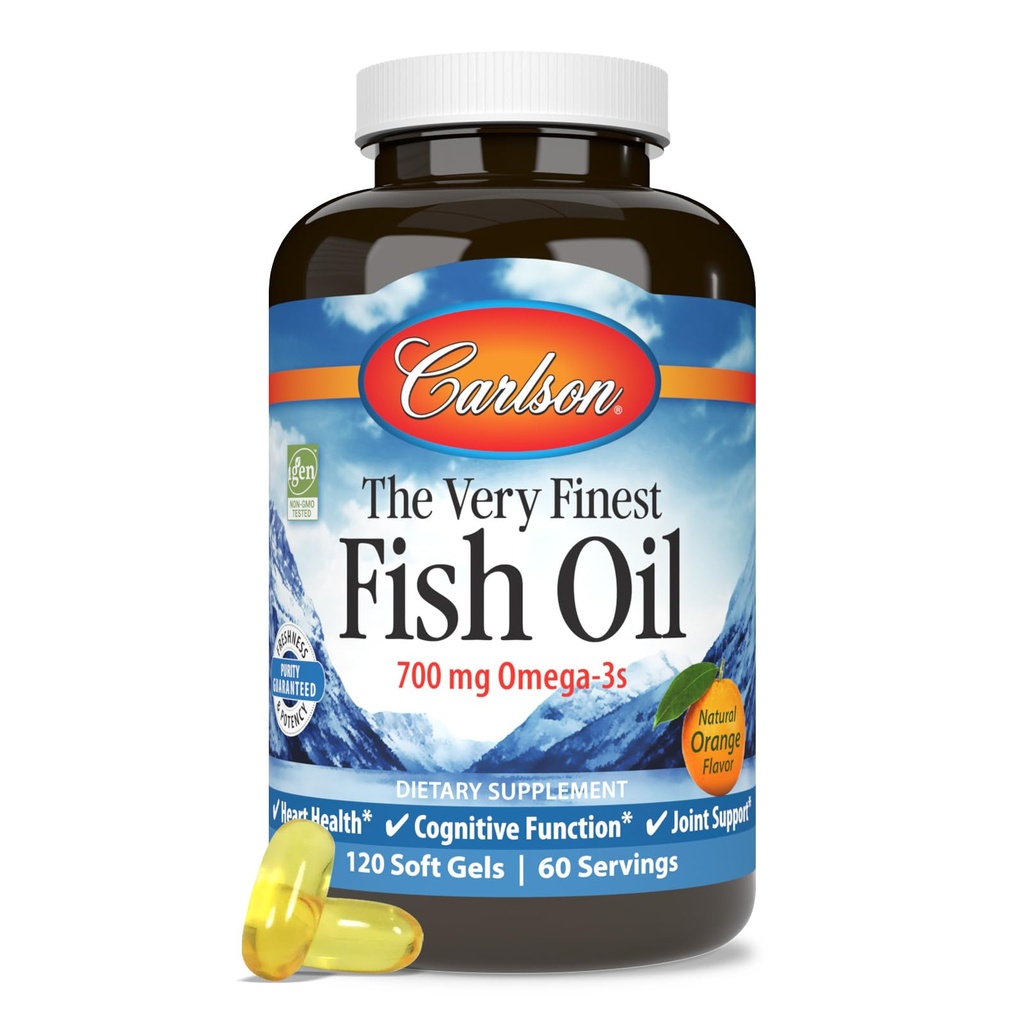 Carlson - L'huile de poisson la plus fine, 700 mg Omega-3s, Supplément d'huile de poisson norvégien, Huile de poisson Omega 3 prise sauvage, Capsules d'huile de poisson d'origine durable, Supplément Omega 3, Orange, 120 Softgels