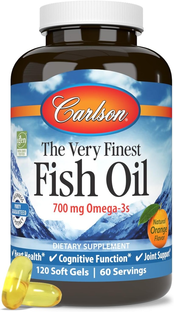 Carlson - L'huile de poisson la plus fine, 700 mg Omega-3s, Supplément d'huile de poisson norvégien, Huile de poisson Omega 3 prise sauvage, Capsules d'huile de poisson d'origine durable, Supplément Omega 3, Orange, 120 Softgels