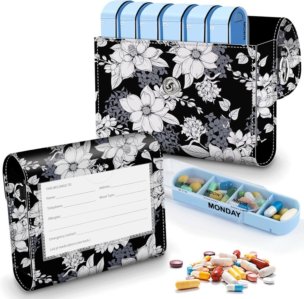 Pill Organizer Case, Weekly Travel Pill Case Medication Reminder Daily AM PM, Day Night 7 Compartments,for 4 Times A Day, 7 Days a Week-Includes Elegant Printed Leather Carrying Case