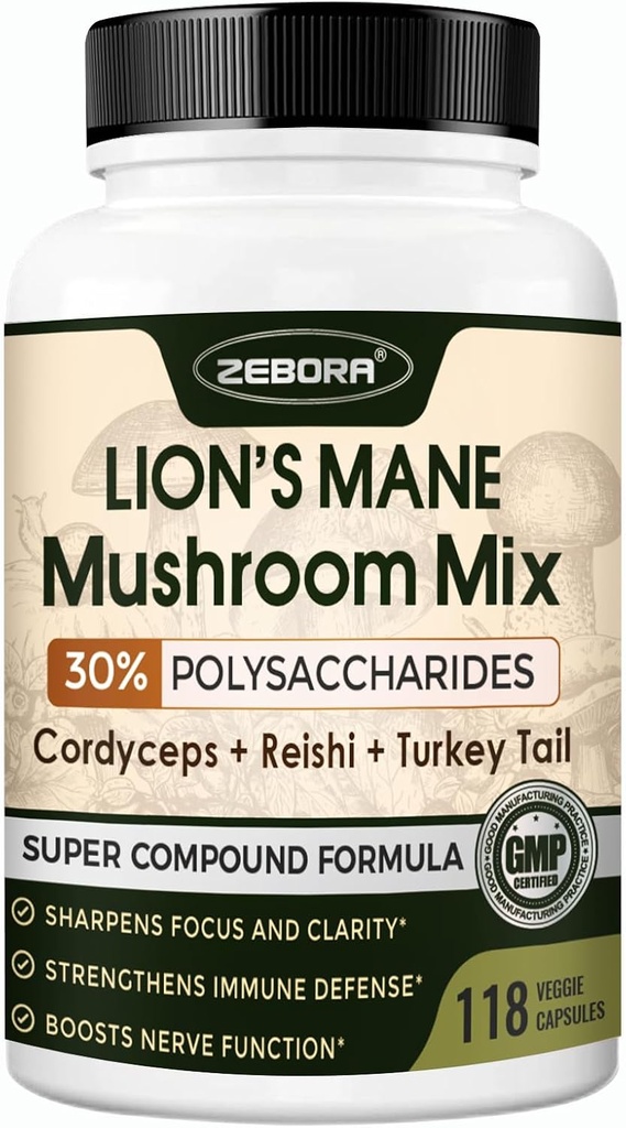 Lions Mane Supplément Capsules - Supplément de Champignons avec Lions Mane, Cordyceps, Reishi, Turquie Tail, Shiitake - Lions Mane Supplément pour la mémoire, le focus et le soutien immunitaire - 118 Capsules de Champignons végétaliens