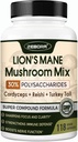 Lions Mane Supplément Capsules - Supplément de Champignons avec Lions Mane, Cordyceps, Reishi, Turquie Tail, Shiitake - Lions Mane Supplément pour la mémoire, le focus et le soutien immunitaire - 118 Capsules de Champignons végétaliens