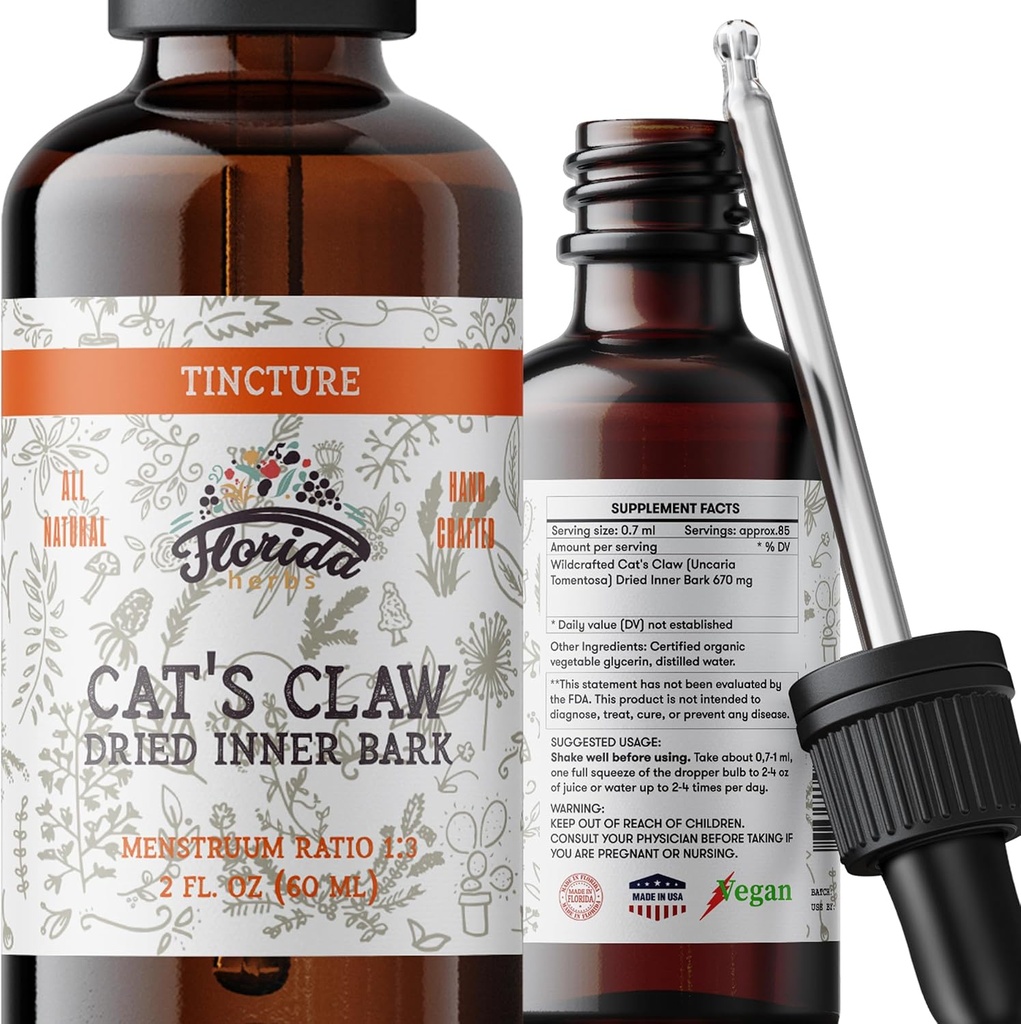 Cats Claw Tincture, Cat's Claw Extraire des gouttes de supplément à base de plantes sans alcool, santé digestive naturelle liquide, santé articulaire, végétalien - Fabriqué aux États-Unis - 2 Fl Oz