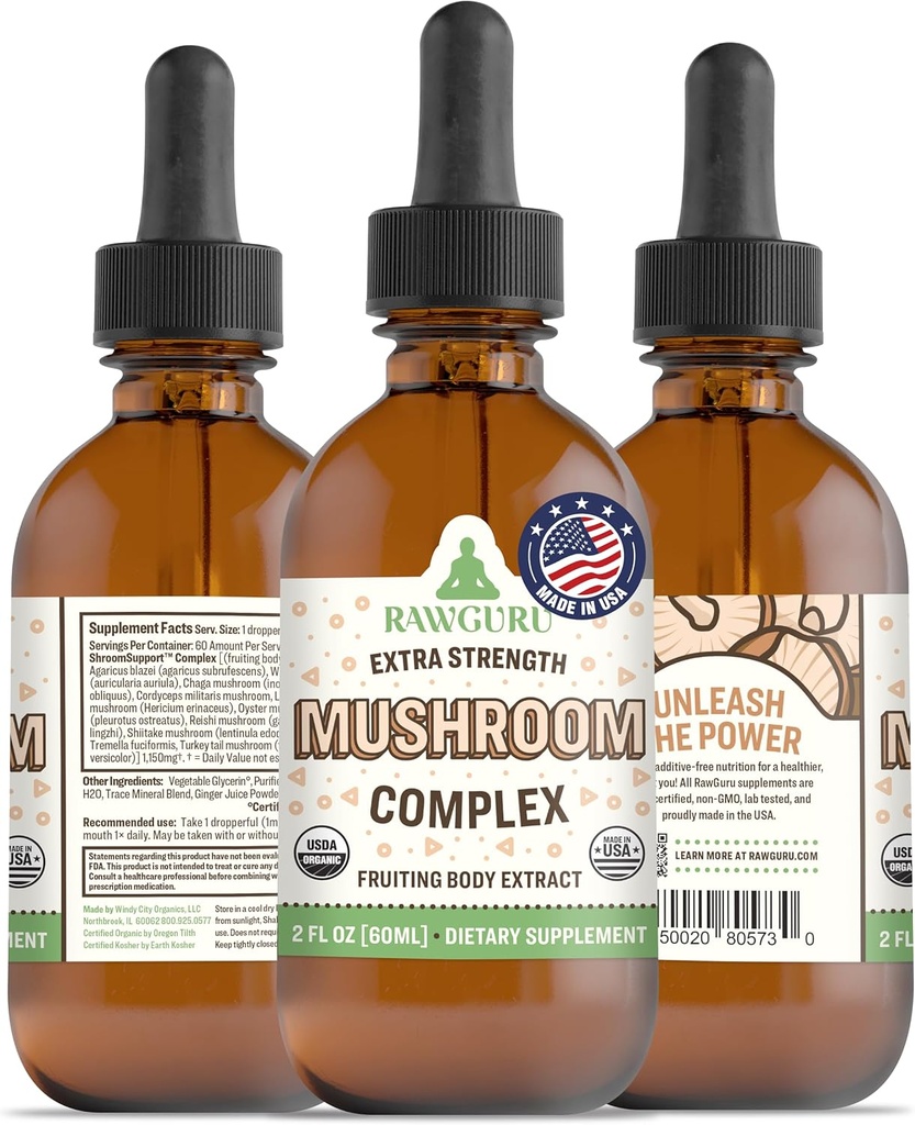 Teinture complexe de champignons organiques RawGuru - Extrait de champignons organiques avec minéraux traces - Supplément de soutien cognitif et immunitaire nanoprocessé - 60 portions de gouttes végétaliennes par 60 ml, paquet de 1